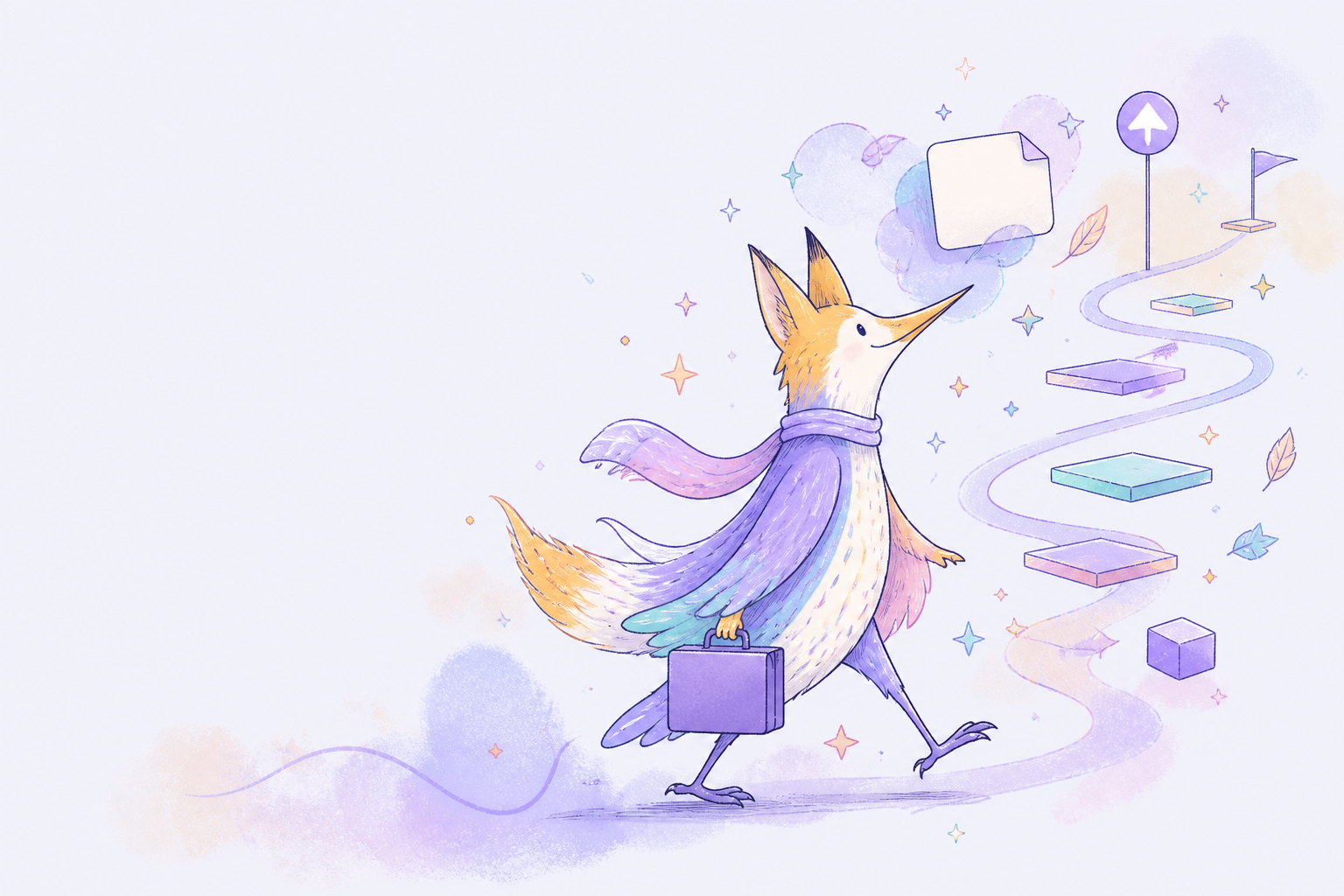 A watercolor fox guide carrying a briefcase along a floating career path